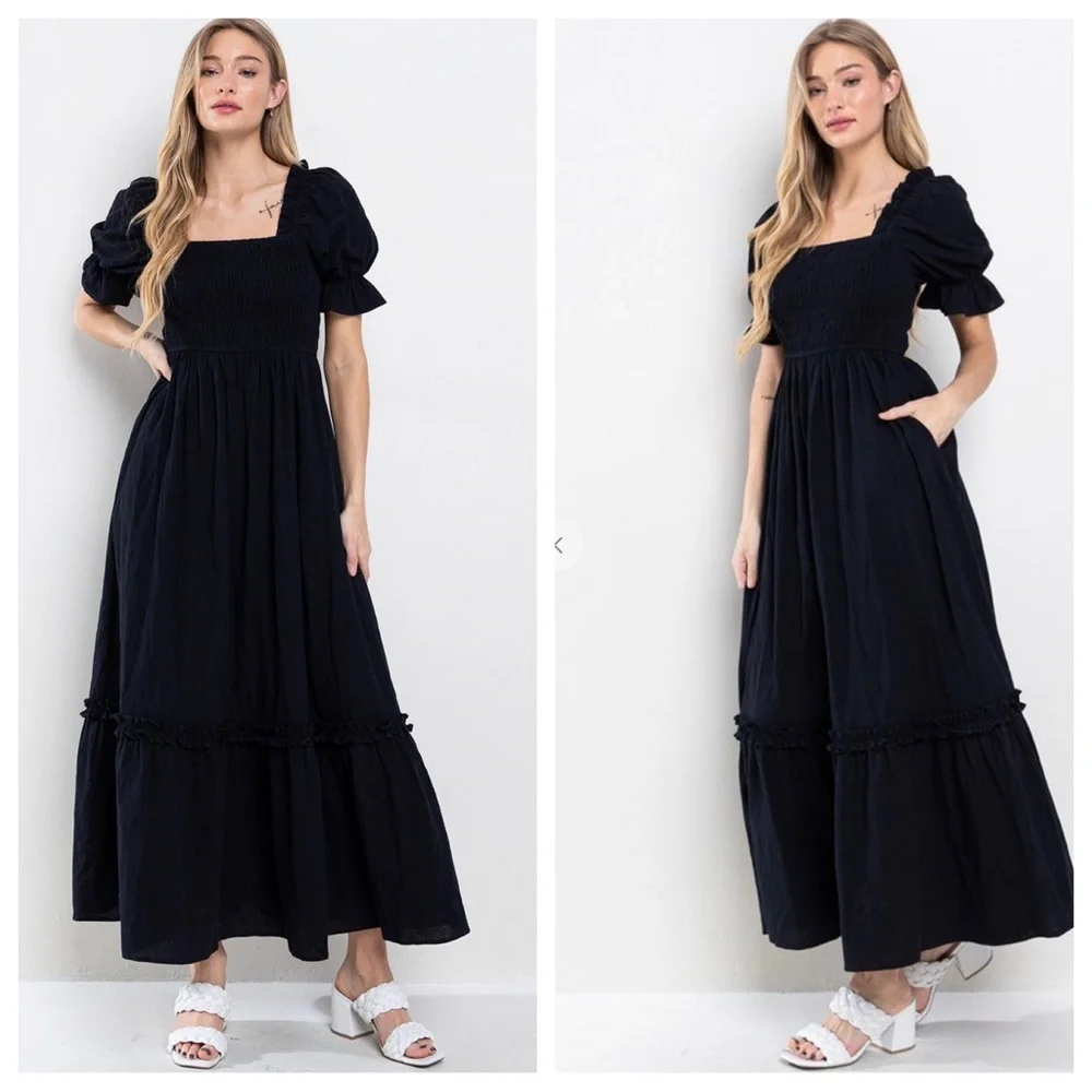 Boho Beautiful Linen Solid Smoking Detail Long Dress - Picture 5 of 5